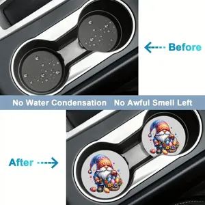 Absorbent car cup coasters with cute gnome pattern, anti-slip ceramic auto cup holder insert.