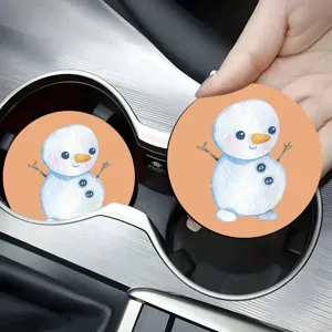 Cute Christmas snowman car cup coasters, non-slip absorbent inserts for auto interior decor.
