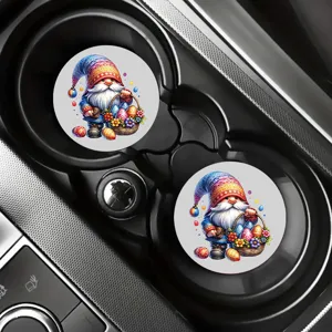 Detail view of cute Easter gnome car coasters, decorative cup mats for vehicle interior.