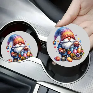 Round Silicone Car Coaster Gnome Floral Pattern Anti Slip Heat Resistant Cup Mat For Table Living Room Home Vehicle Decor