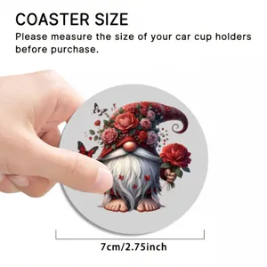 Cute gnome car coaster with floral design, anti-slip cup holder mat for home and auto use.