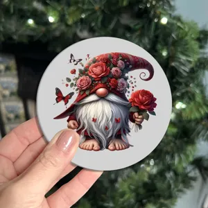 Detail view of a round Christmas gnome coaster with red roses, perfect for holiday table decor.