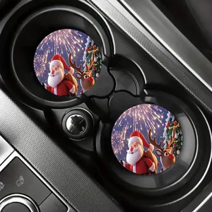 Christmas car coasters set, non-slip silicone cup holders mats for auto interior decor.
