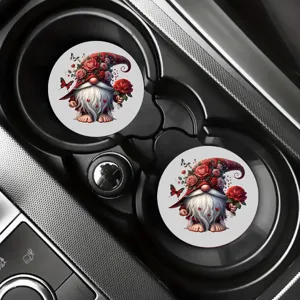 Valentine's Day red rose gnome car cup coasters set, absorbent ceramic cute vehicle accessories.