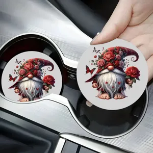 Charming floral gnome car coaster detail, red roses and butterflies for auto decor.