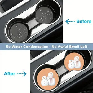 Car cup coaster detail showing anti-slip design and cute snowman print for vehicle interior.