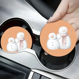 Cartoon snowman car cup coaster, cute auto interior anti-slip drink holder mat detail.