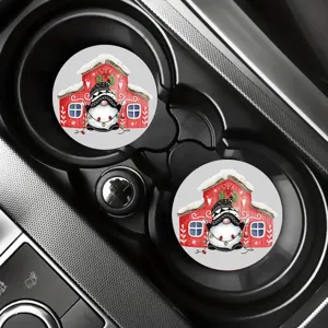 Detailed view of cute Christmas gnome car coasters set in cup holder, perfect holiday decor.