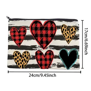Canvas makeup bag with stylish heart and stripe patterns, versatile zipper pouch for daily use.