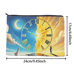 Canvas pencil case zipper cosmetic bag with artistic sun moon clock print for daily use