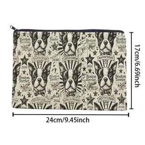 Canvas makeup bag featuring vintage Boston Terrier dog pattern and convenient zipper closure.