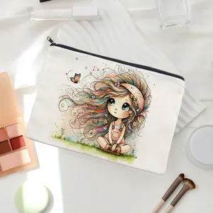 Detailansicht der niedlichen Aquarell Mädchen Druck Leinwand Reißverschluss Kosmetiktasche.