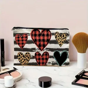 Canvas cosmetic bag featuring cute heart and plaid patterns, stylish zipper storage pouch.