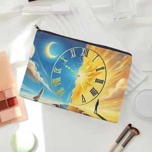 Close-up detail of the canvas makeup pouch featuring a surreal clock art print and black zipper.