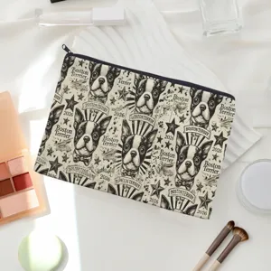 Canvas cosmetic bag featuring retro Boston Terrier dog pattern print, ideal for travel makeup storage.