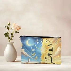 Canvas cosmetic bag with artistic sun and moon clock print, durable zipper pouch for daily use.