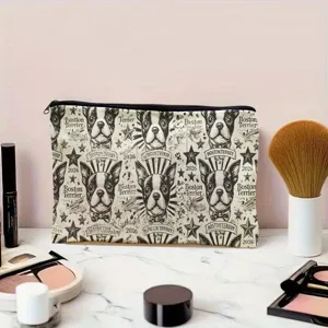Canvas cosmetic bag detail view featuring vintage Boston Terrier dog pattern and sturdy zipper.