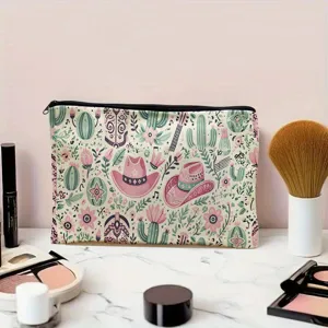 Detaillierte Ansicht der Kosmetiktasche mit stilvollem Retro Kaktus Muster auf Marmortisch.