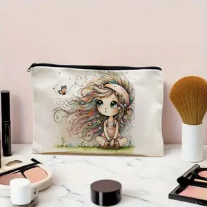 Leinen Kosmetiktasche mit Reißverschluss süßes Anime Mädchen Motiv Mäppchen Kulturbeutel