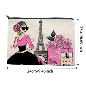 Canvas cosmetic bag with Paris Eiffel Tower and fashion illustration print, large storage.
