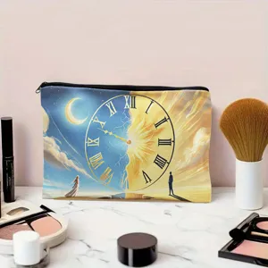 Canvas makeup bag zipper pouch stationery storage case with artistic day and night clock art print