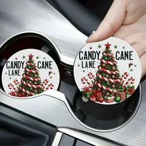 Christmas tree printed round car coaster, festive holiday drink cup holder mat for auto.