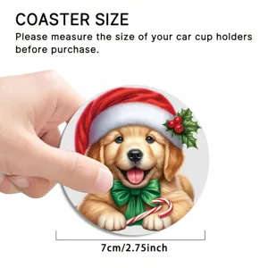 Sottobicchiere per auto di Natale con simpatico cucciolo di golden retriever, 7 cm.