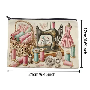 Vintage sewing machine print canvas cosmetic bag zipper pouch pencil case for daily storage use.