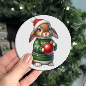 Christmas bunny car cup coaster, cute holiday auto cup holder mat, festive absorbent pad.