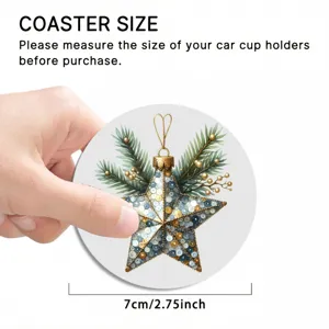 Dettaglio sottobicchiere auto di Natale con design di stella brillante e misura di 7cm.