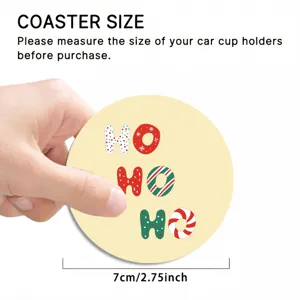 Detailed view of the Christmas themed round car coaster showing its 7cm size and sweet design.