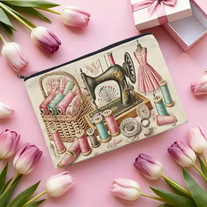 Vintage sewing machine print canvas cosmetic bag, zipper pencil pouch and daily storage pouch.