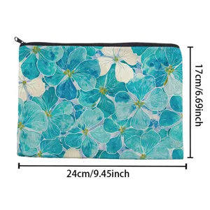 Blue floral printed cosmetic pouch detail, portable canvas zipper storage bag for daily use.