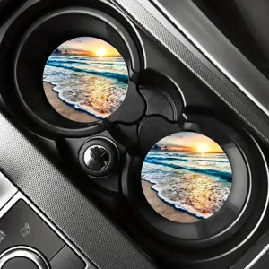 Dessous de Verre en Silicone Antidérapant pour Voiture Tapis Absorbant Rond Avec Motif Plage Coucher de Soleil Floral Animal Damier Accessoires Intérieurs de Voiture