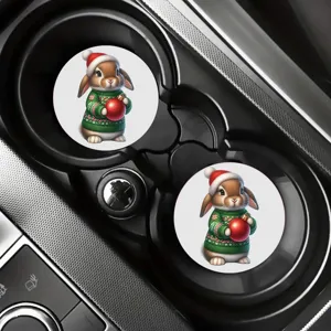 Cute Christmas rabbit car coaster set, festive auto cup holder decor mat for holiday gifts.