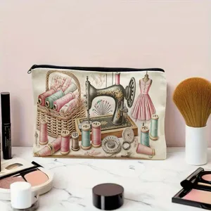 Detail view of vintage sewing machine printed canvas cosmetic bag, spacious makeup pouch.