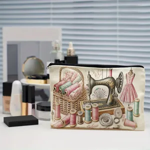 Vintage sewing machine canvas cosmetic bag zipper pouch large capacity pencil case stationery
