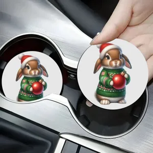 Christmas car coaster detail, cute bunny design, non-slip cup holder mat for auto interior.