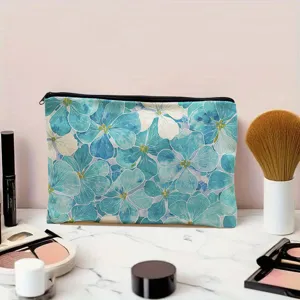 Blue watercolor floral print cosmetic bag portable zipper makeup pouch for travel daily storage