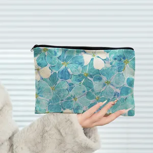 Portable Canvas Cosmetic Bag Zipper Makeup Pouch Cute Cartoon Floral Scenery Travel Storage Bag Toiletry Organizer