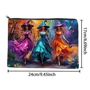 Canvas cosmetic bag pencil pouch large capacity zipper storage bag with witch art design