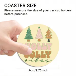 Christmas tree car cup coaster detail view showing 7cm diameter and cute retro holiday design.