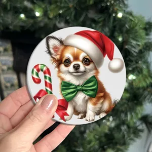 Christmas tree car coaster detail view, cute puppy ceramic cup holder mat for holiday decor.