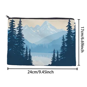 Landscape print canvas cosmetic bag with zipper, portable storage pouch for travel and daily use.