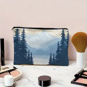 Blue mountain pine tree print canvas cosmetic bag, portable zipper makeup storage pouch.