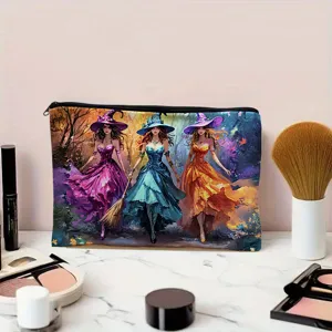 Canvas makeup bag with fantasy witches illustration, large capacity zipper pouch for cosmetics.