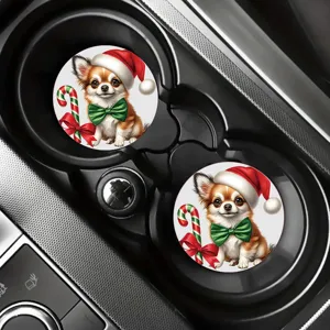 Close-up detail of cute Christmas Chihuahua car cup coasters placed in vehicle holder.