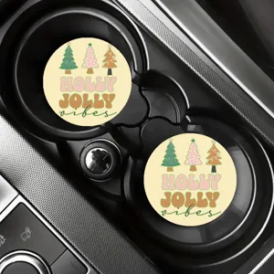 Cute cartoon car cup coaster set, universal auto leather drink holder mat with christmas design.