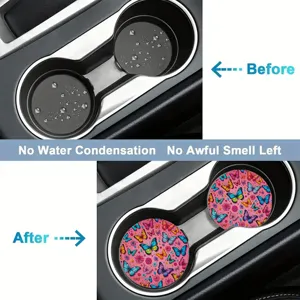 Absorbent car cup holder coaster detail featuring pink butterfly for clean auto interior.