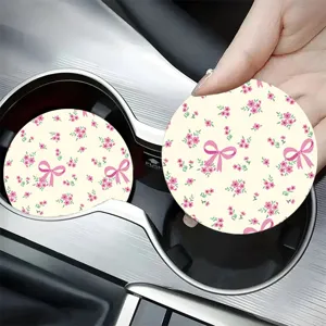 Anti-Slip Silicone Car Coaster Round Heat Insulated Mat Pink Bow Floral Agate Pattern Coffee Dog Leopard Print Cup Pad For Car Accessories